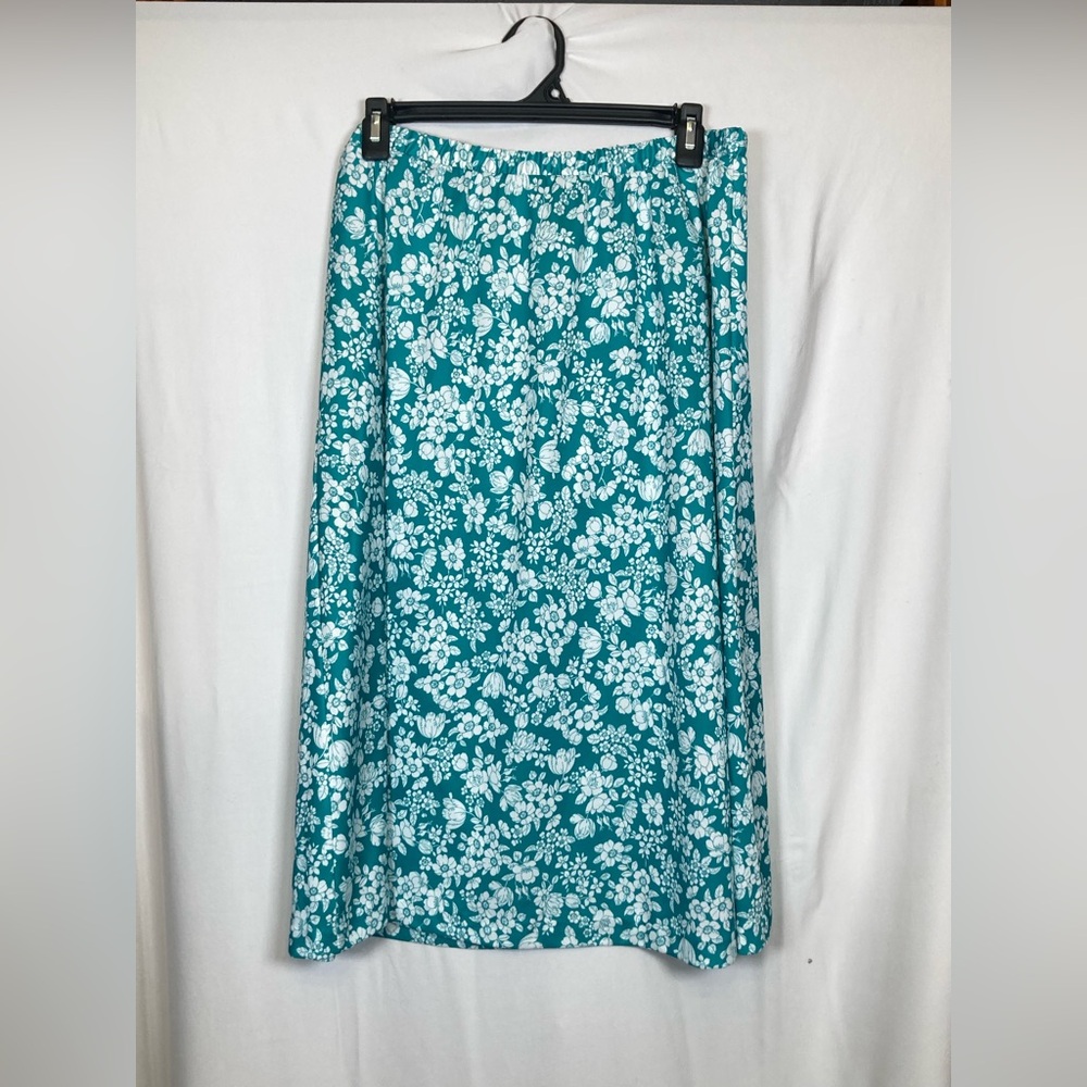VTG 70s Made in the USA Teal White Floral Midi Skirt Sz 18 Feminine Grandma